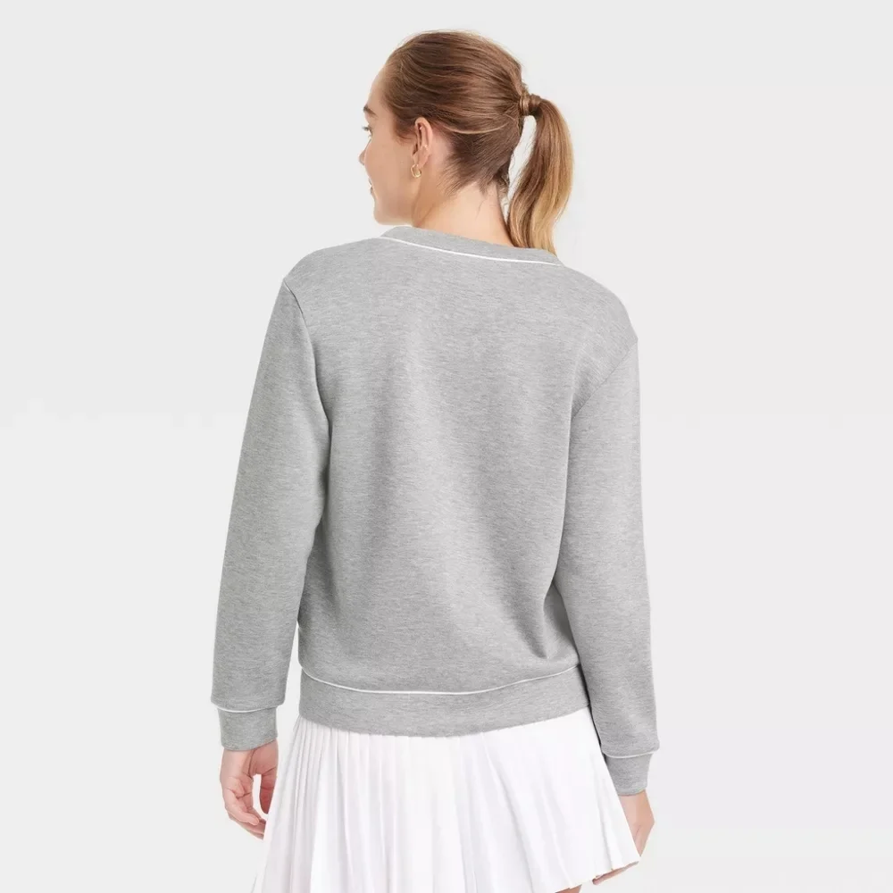 NWT All in Motion Women's Gray V-Neck Button Cardigan with White Trim - Picture 2 of 4